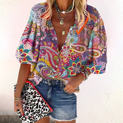 Women's Boho Blouse with V-Neck, Button Front and Three-Quarter Sleeves
