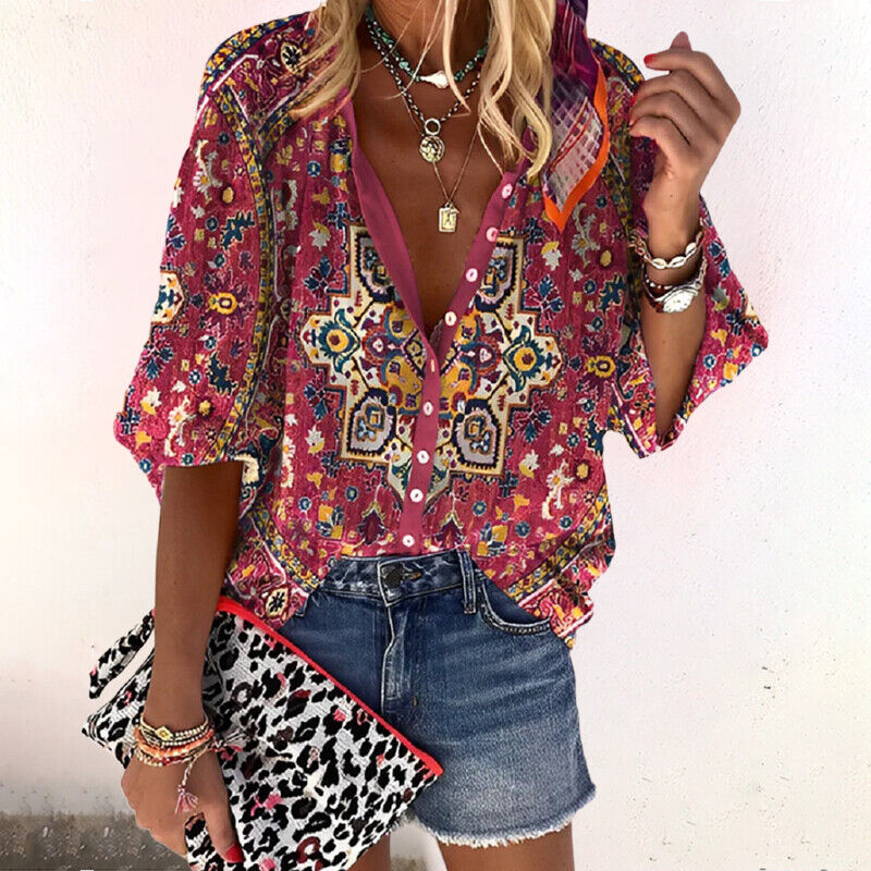 Women's Boho Blouse with V-Neck, Button Front and Three-Quarter Sleeves
