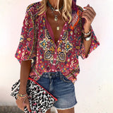 Women's Boho Blouse with V-Neck, Button Front and Three-Quarter Sleeves