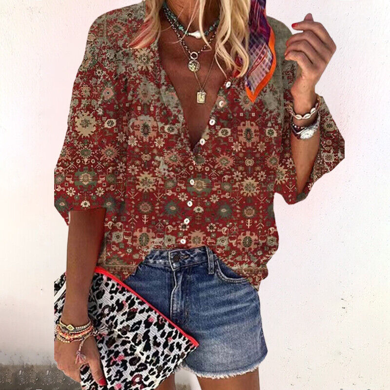 Women's Boho Blouse with V-Neck, Button Front and Three-Quarter Sleeves