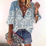 Women's Boho Blouse with V-Neck, Button Front and Three-Quarter Sleeves