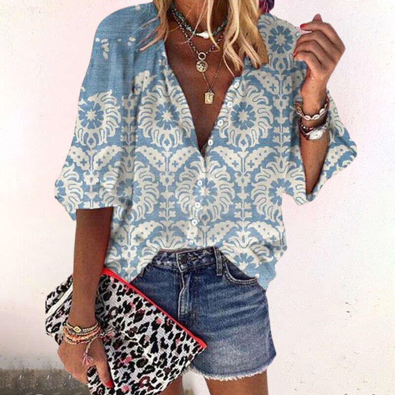 Women's Boho Blouse with V-Neck, Button Front and Three-Quarter Sleeves