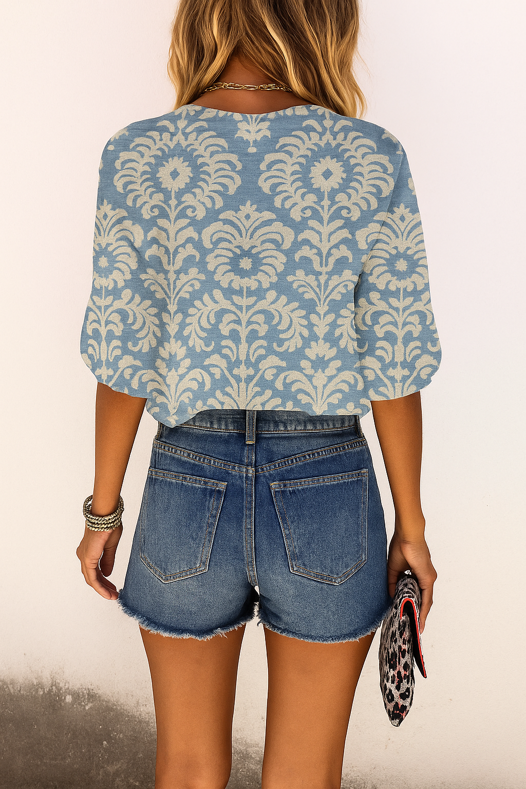 Women's Boho Blouse with V-Neck, Button Front and Three-Quarter Sleeves