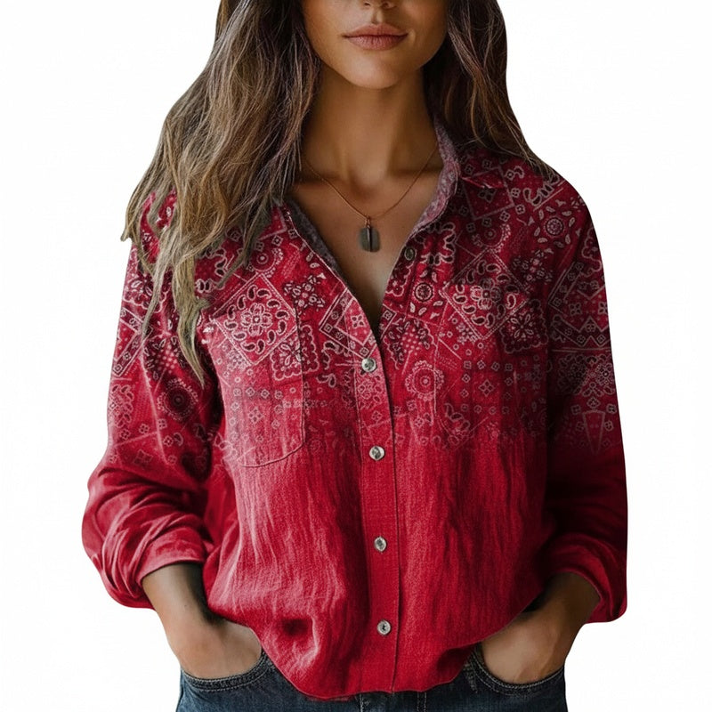 Women's Boho Long Sleeve Shirt with Button-Down Collar and Chest Pockets