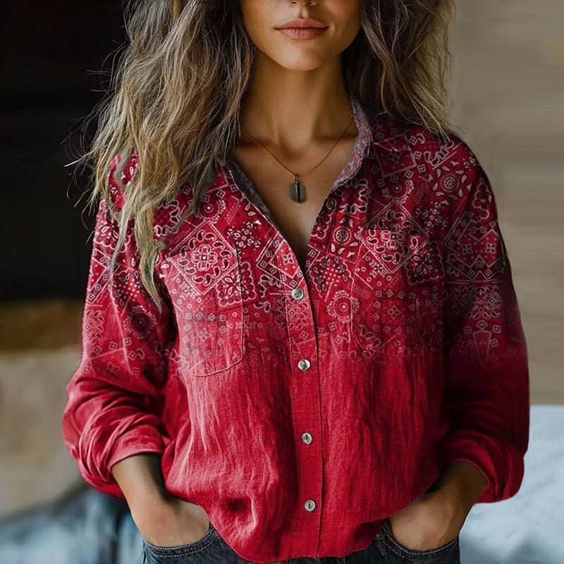 Women's Boho Long Sleeve Shirt with Button-Down Collar and Chest Pockets