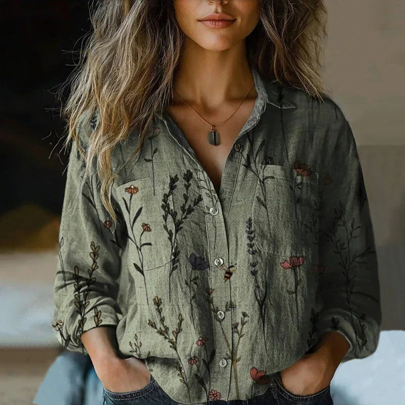 Women's Boho Long Sleeve Shirt with Button-Down Collar and Chest Pockets
