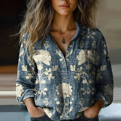 Women's Boho Long Sleeve Shirt with Button-Down Collar and Chest Pockets
