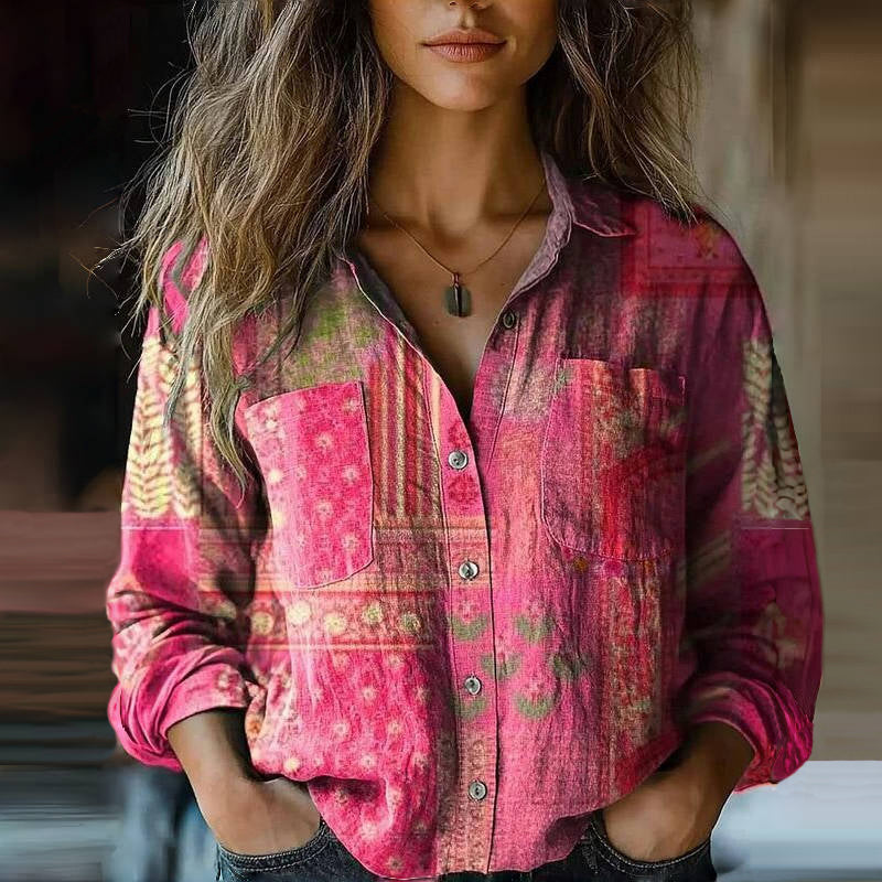 Women's Boho Long Sleeve Shirt with Button-Down Collar and Chest Pockets