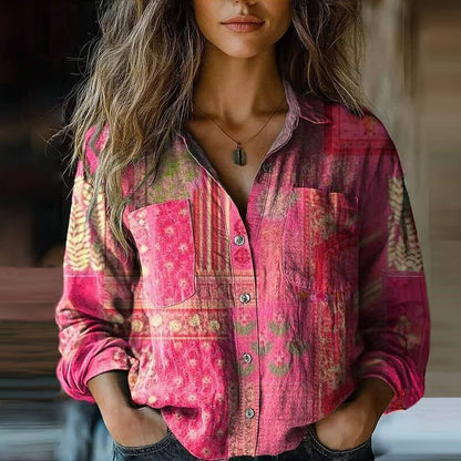 Women's Boho Long Sleeve Shirt with Button-Down Collar and Chest Pockets