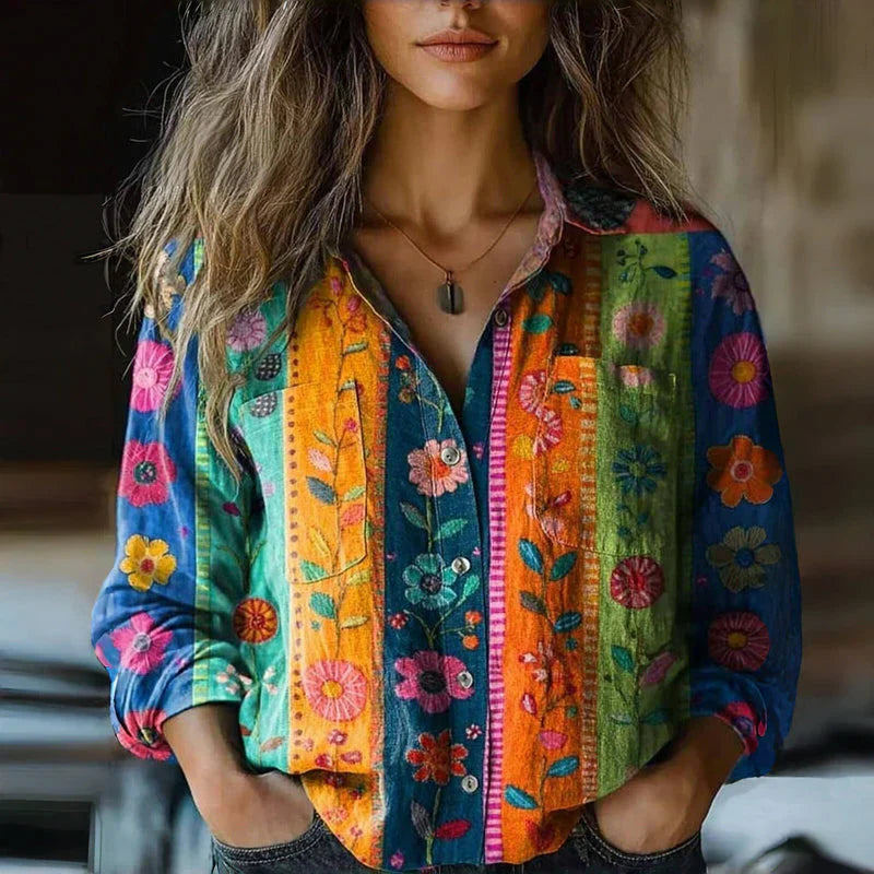 Women's Boho Long Sleeve Shirt with Button-Down Collar and Chest Pockets