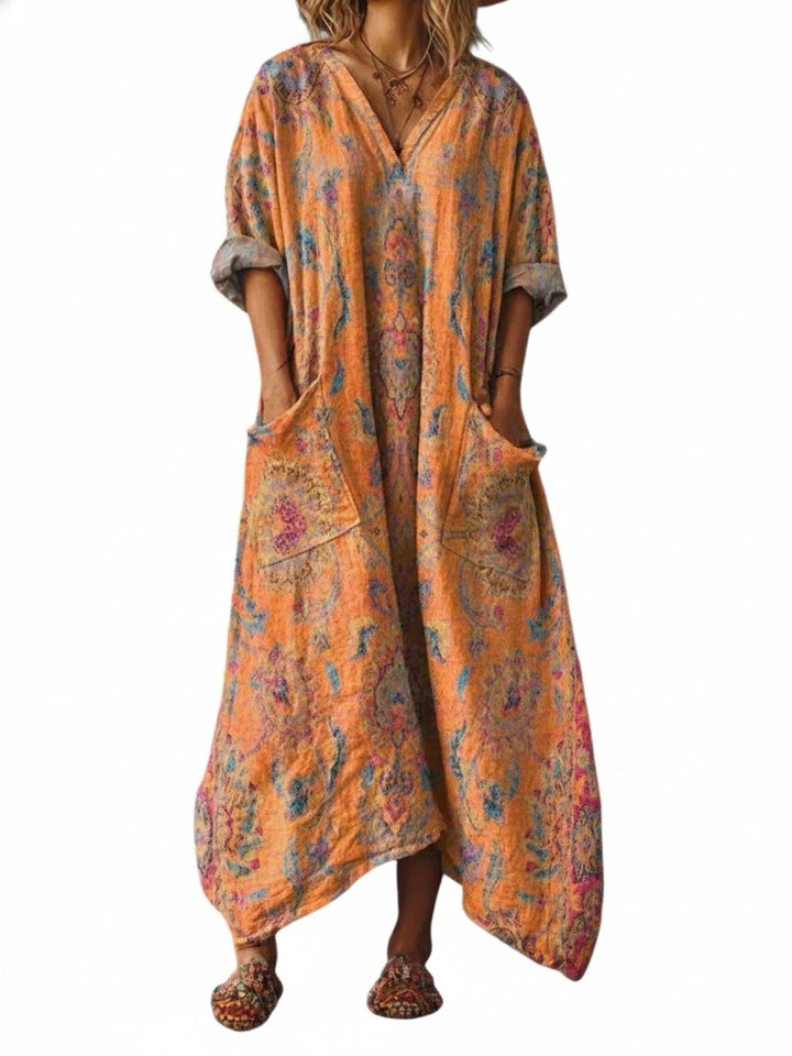 Women's Boho Maxi Dress with V-Neck, Oversized Fit and Pockets