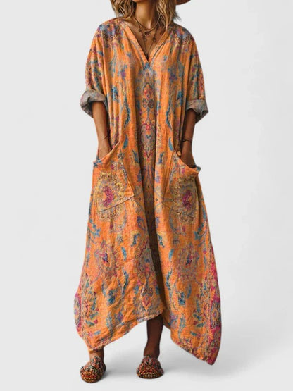 Women's Boho Maxi Dress with V-Neck, Oversized Fit and Pockets