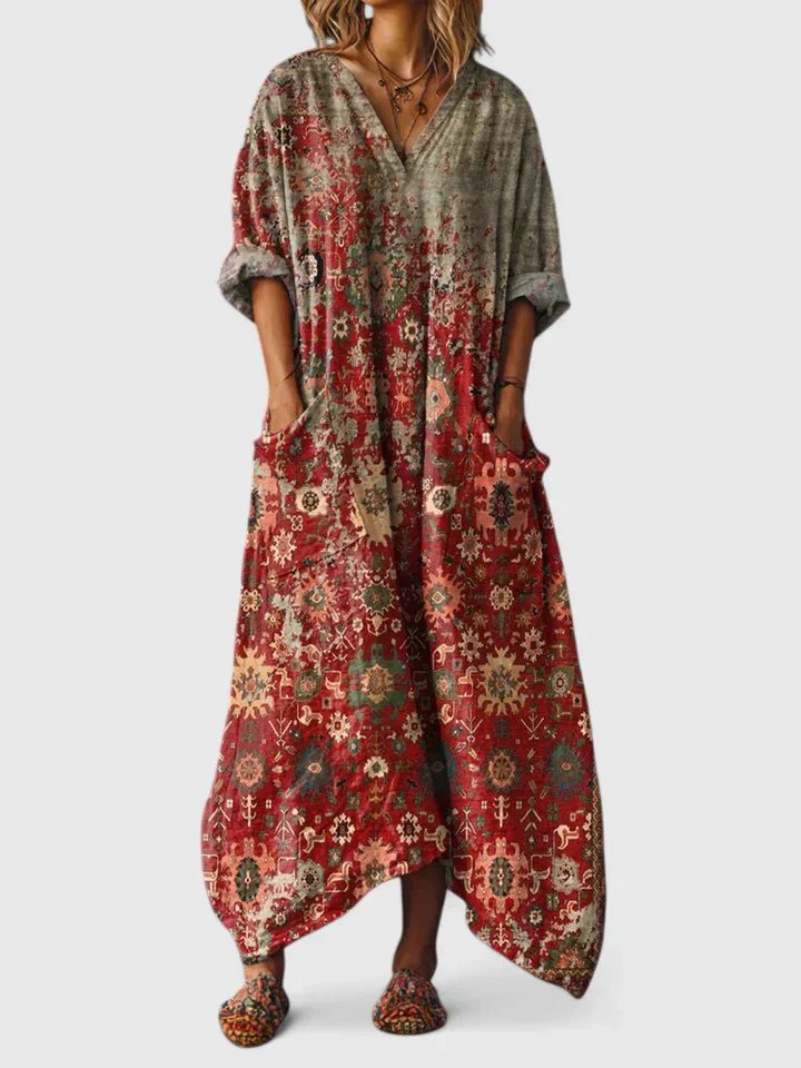 Women's Boho Maxi Dress with V-Neck, Oversized Fit and Pockets