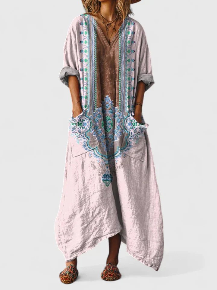 Women's Boho Maxi Dress with V-Neck, Oversized Fit and Pockets