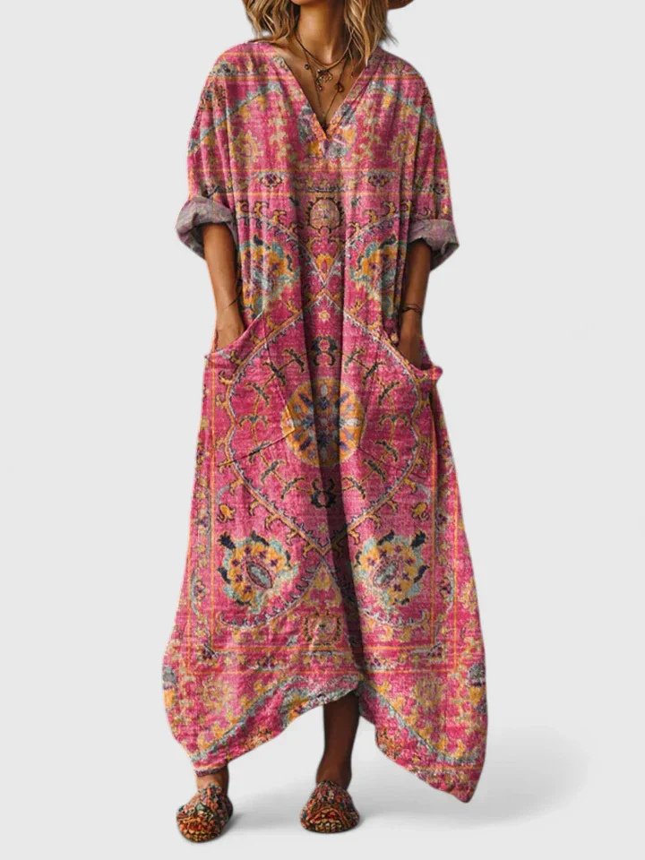 Women's Boho Maxi Dress with V-Neck, Oversized Fit and Pockets