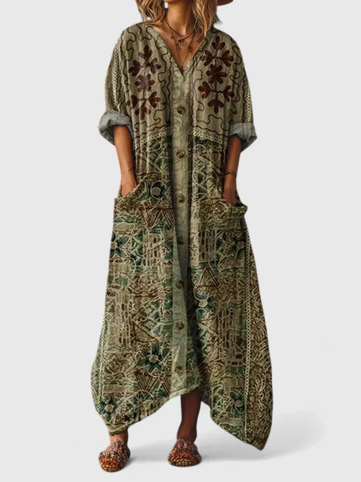 Women's Boho Maxi Dress with V-Neck, Oversized Fit and Pockets