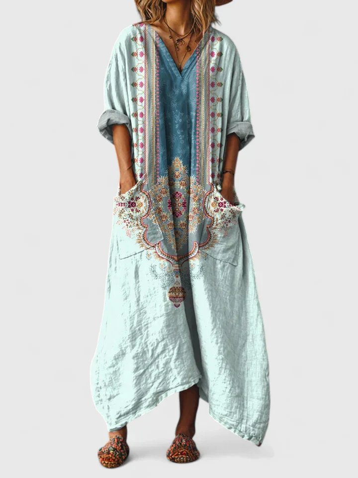 Women's Boho Maxi Dress with V-Neck, Oversized Fit and Pockets