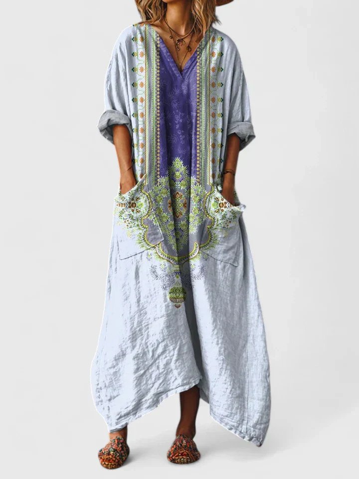 Women's Boho Maxi Dress with V-Neck, Oversized Fit and Pockets
