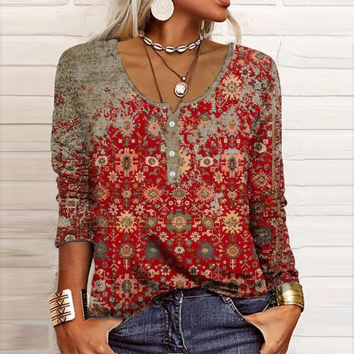 Women's Boho Print Long Sleeve Top with V-Neck Henley Placket
