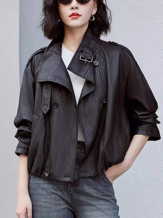 Women's Buckle Collar Jacket with Shoulder Epaulets
