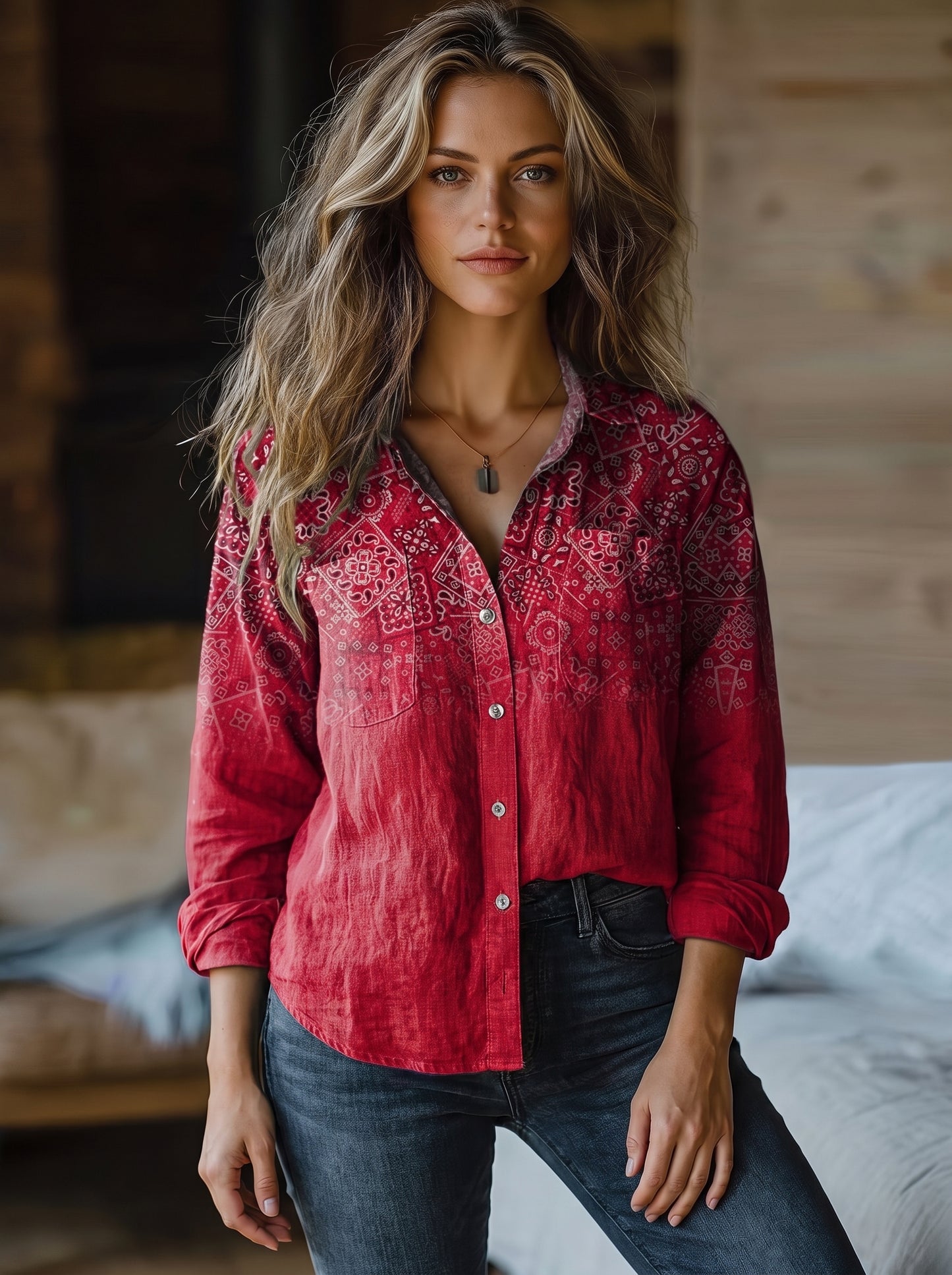 Women's Button-Down Shirt with Long Sleeves and Floral Print