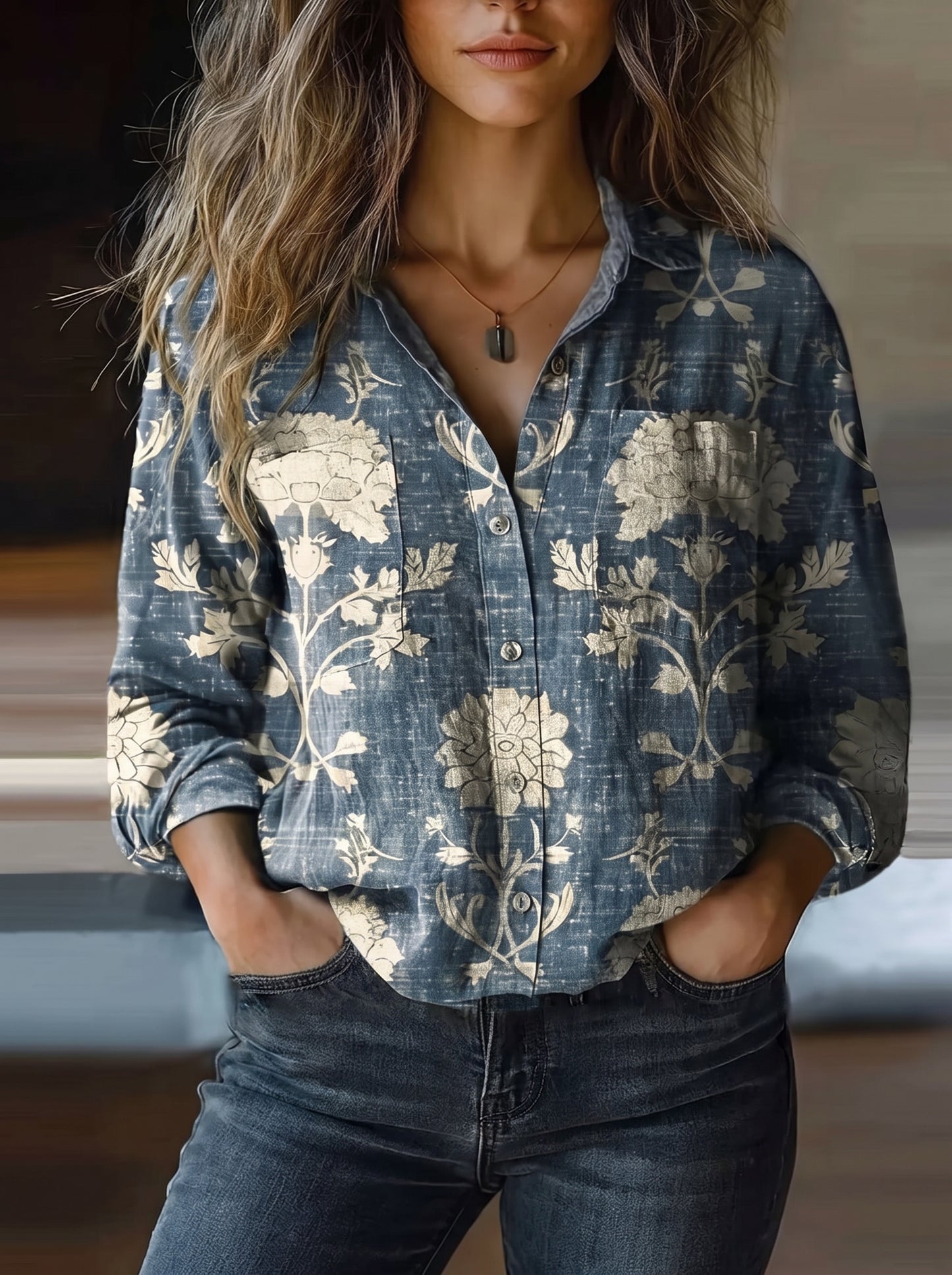 Women's Button-Down Shirt with Long Sleeves and Floral Print