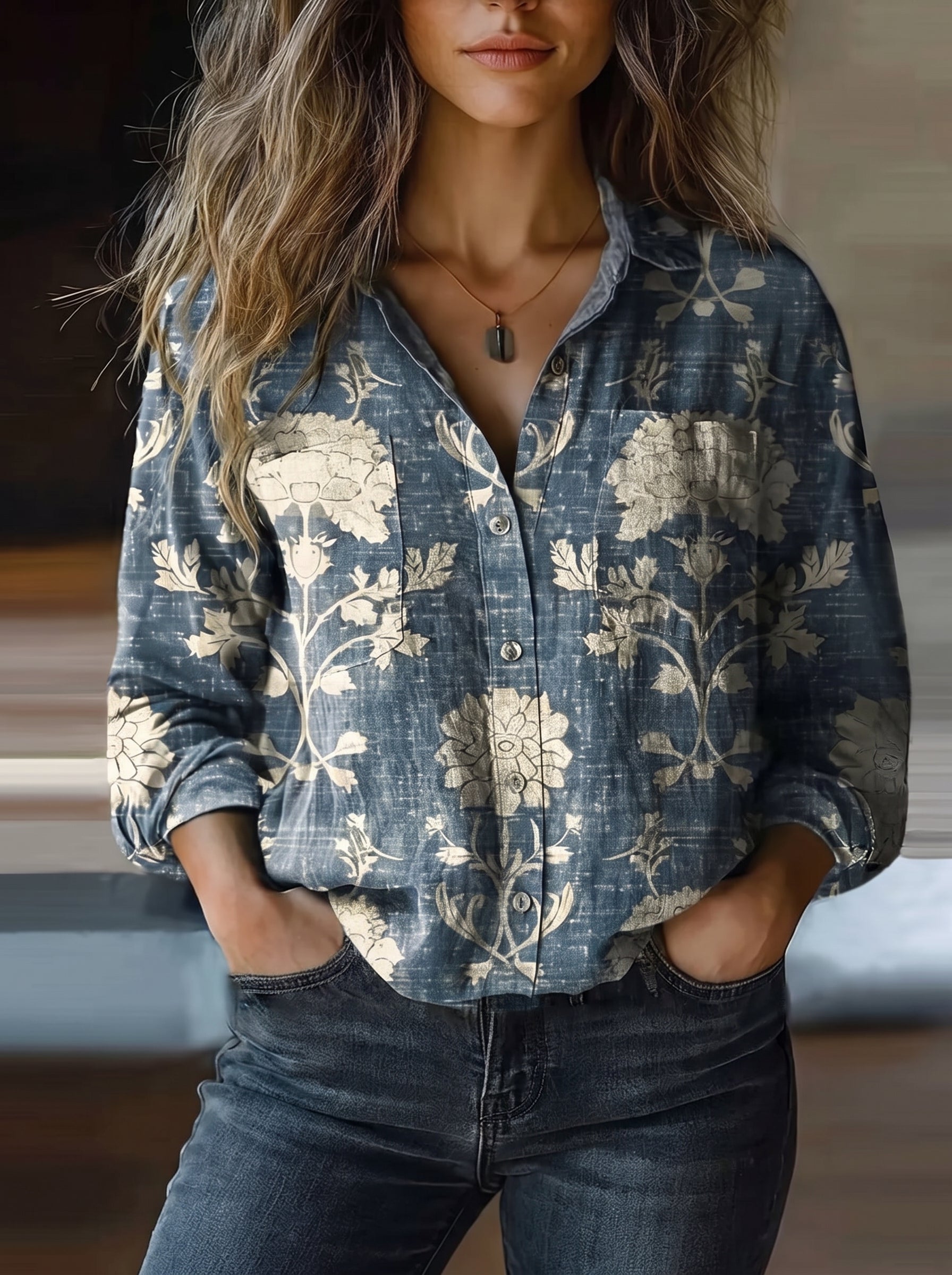 Women's Button-Down Shirt with Long Sleeves and Floral Print