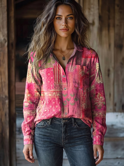Women's Button-Down Shirt with Long Sleeves and Floral Print