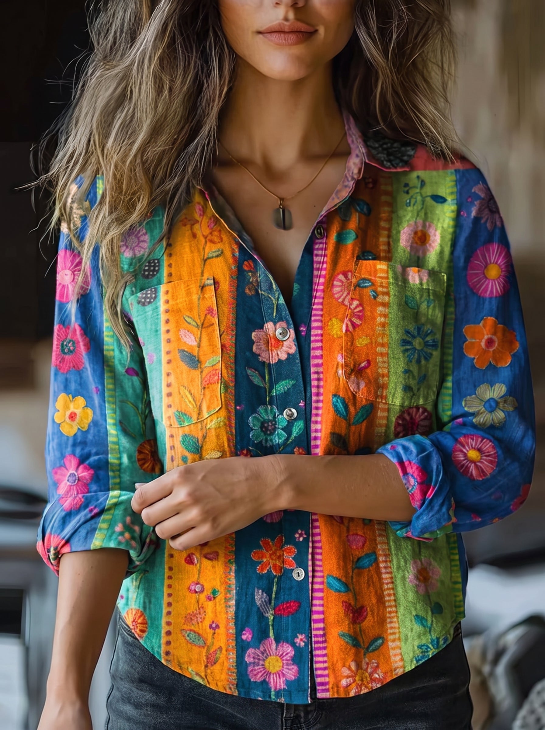 Women's Button-Down Shirt with Long Sleeves and Floral Print