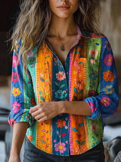 Women's Button-Down Shirt with Long Sleeves and Floral Print