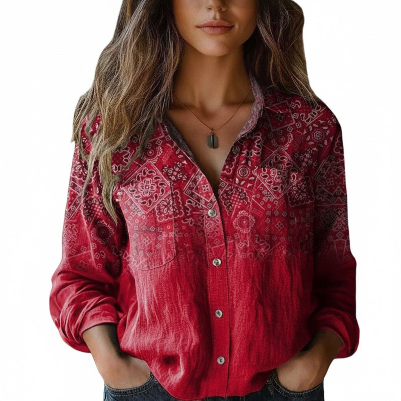 Women's Button-Down Shirt with Long Sleeves and Floral Print