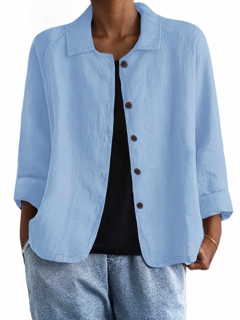 Women's Button-Down Shirt with Spread Collar and Three-Quarter Sleeves
