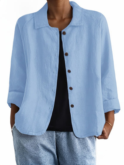 Women's Button-Down Shirt with Spread Collar and Three-Quarter Sleeves