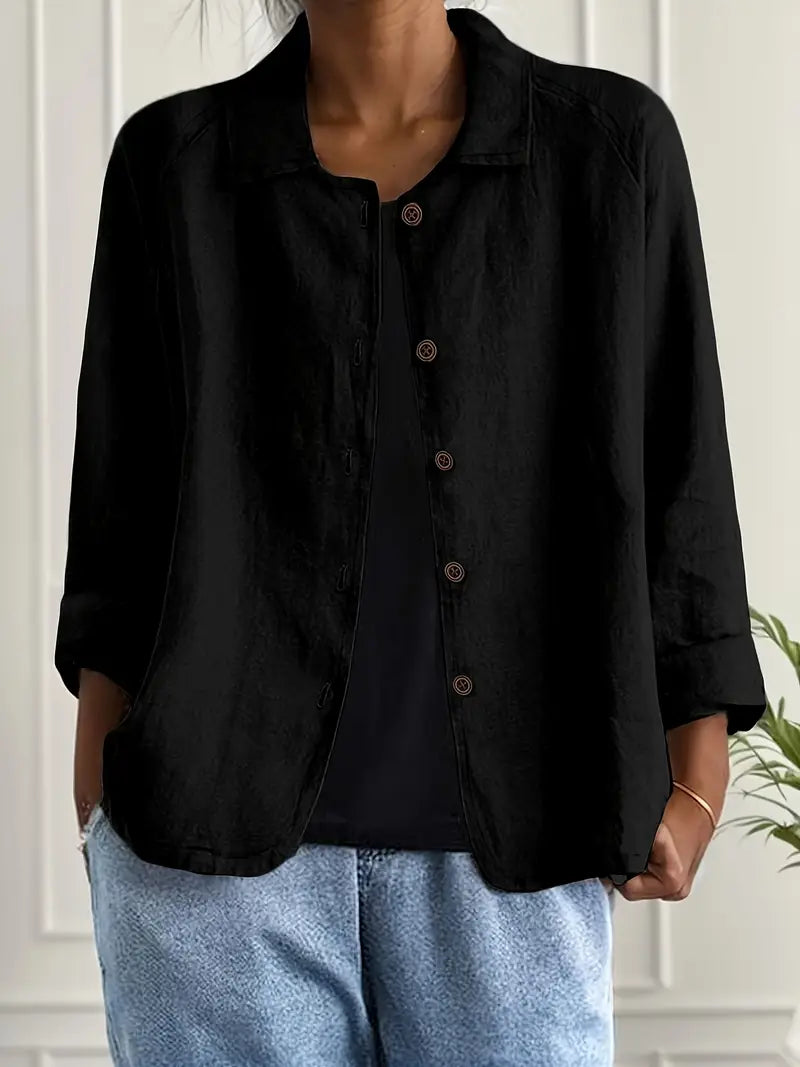 Women's Button-Down Shirt with Spread Collar and Three-Quarter Sleeves