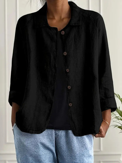 Women's Button-Down Shirt with Spread Collar and Three-Quarter Sleeves