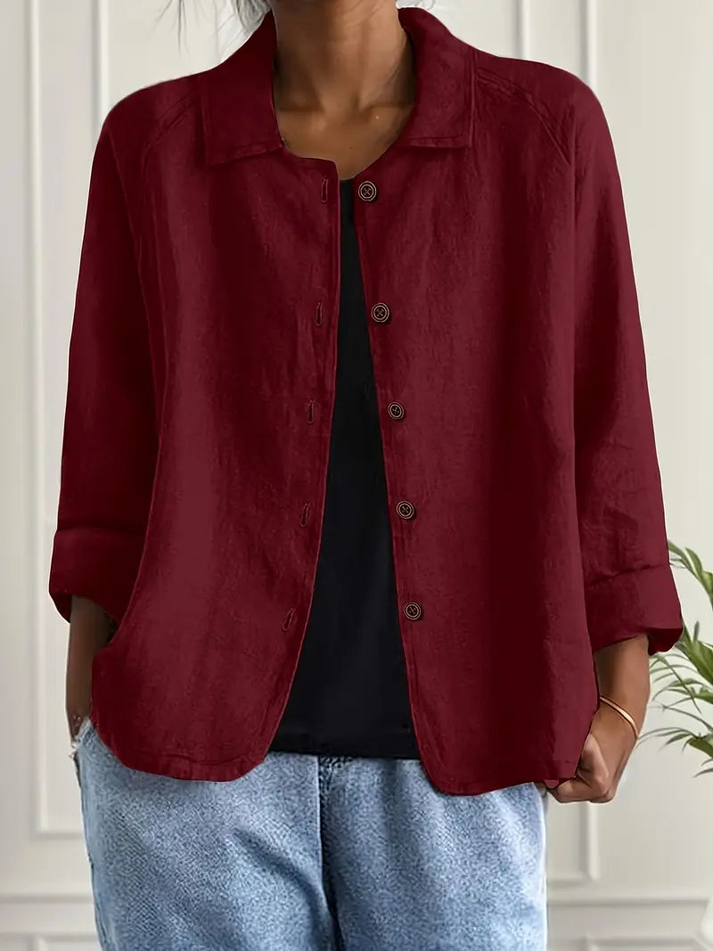 Women's Button-Down Shirt with Spread Collar and Three-Quarter Sleeves