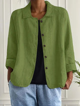 Women's Button-Down Shirt with Spread Collar and Three-Quarter Sleeves