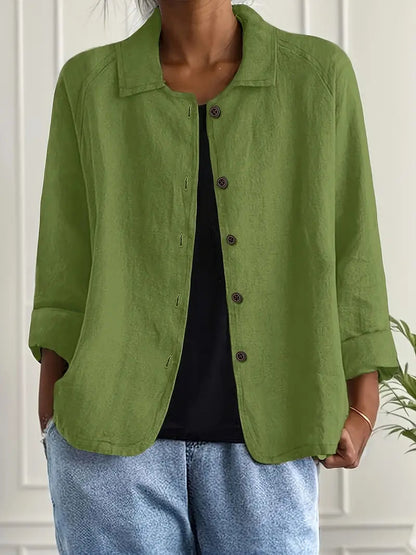 Women's Button-Down Shirt with Spread Collar and Three-Quarter Sleeves