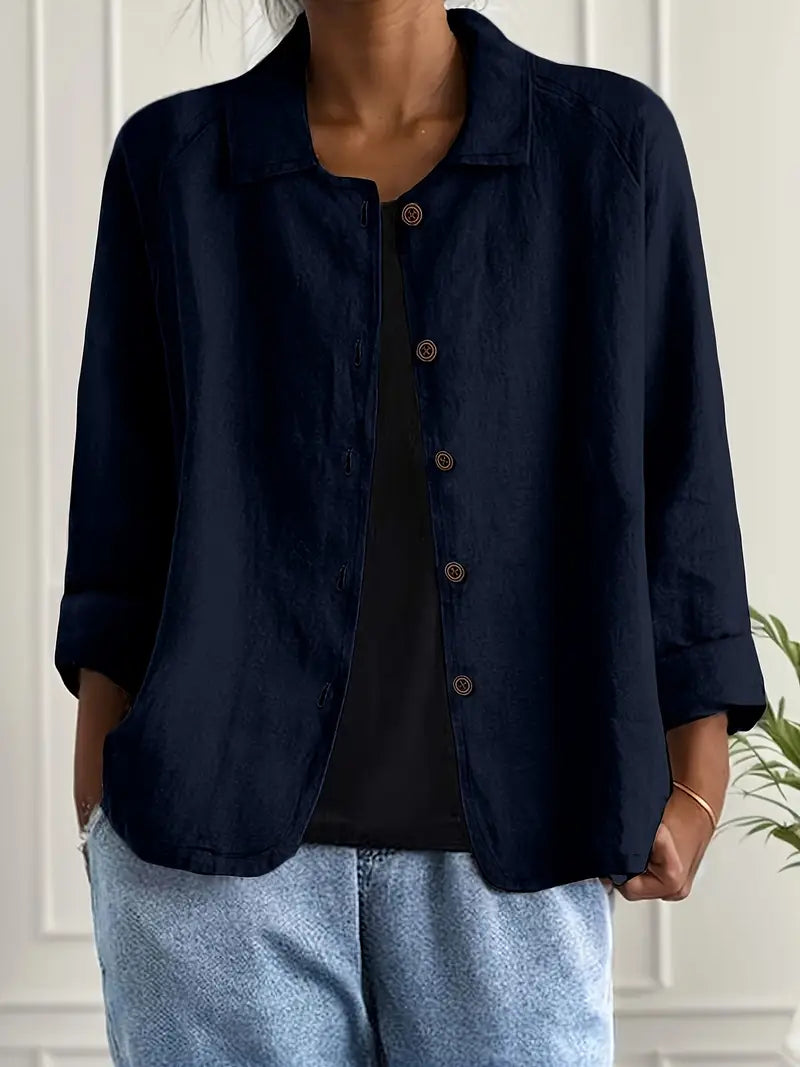 Women's Button-Down Shirt with Spread Collar and Three-Quarter Sleeves