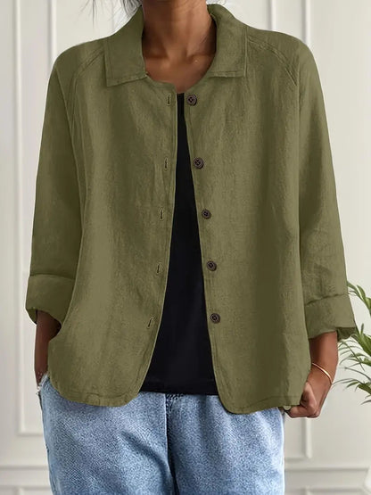 Women's Button-Down Shirt with Spread Collar and Three-Quarter Sleeves