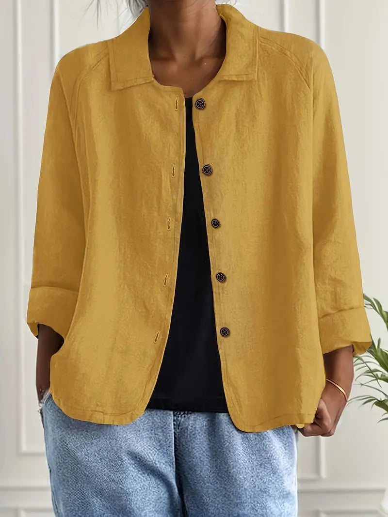 Women's Button-Down Shirt with Spread Collar and Three-Quarter Sleeves