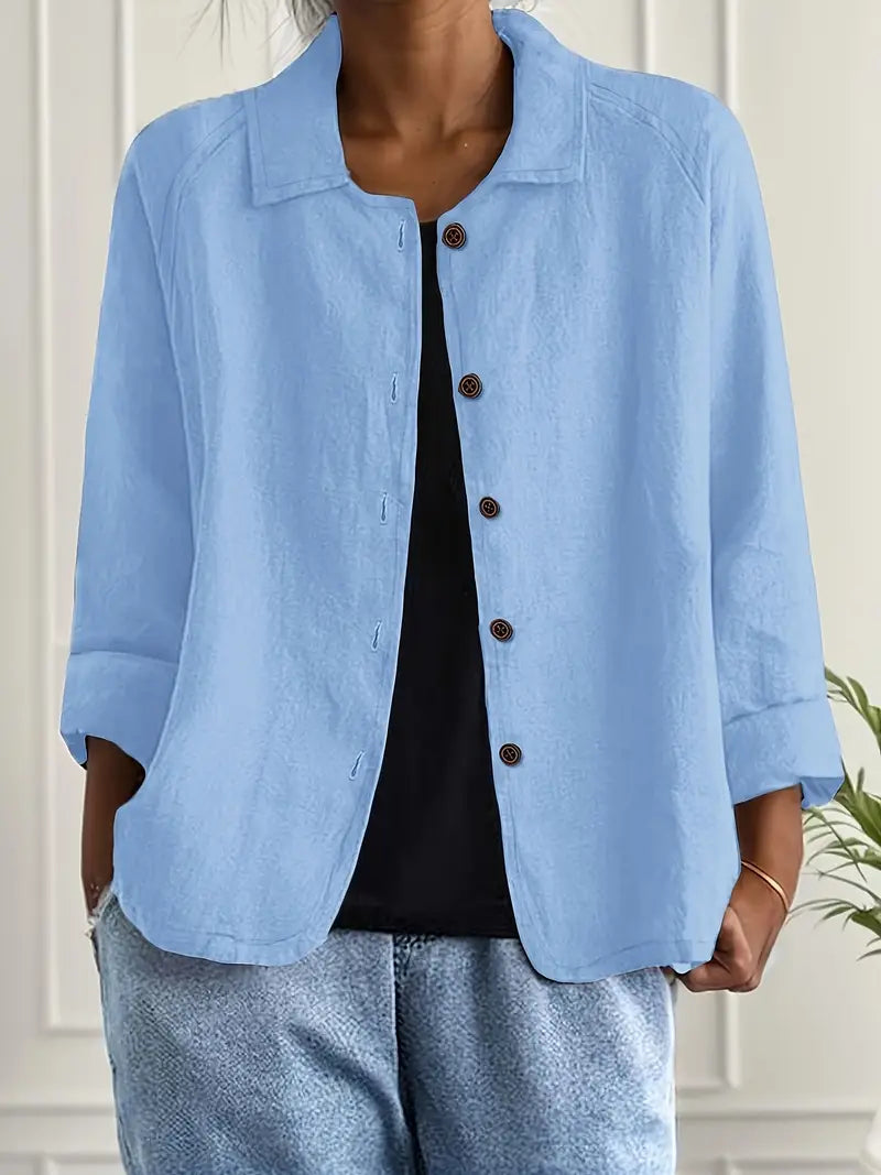 Women's Button-Down Shirt with Spread Collar and Three-Quarter Sleeves