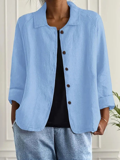 Women's Button-Down Shirt with Spread Collar and Three-Quarter Sleeves
