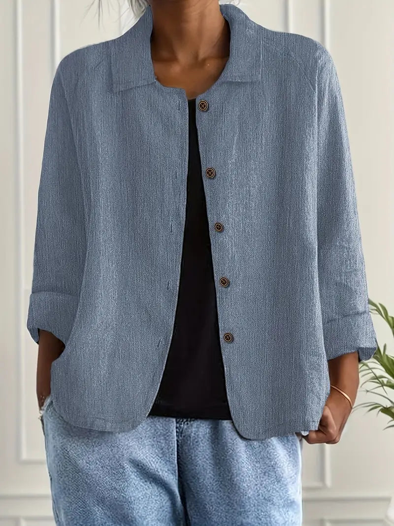 Women's Button-Down Shirt with Spread Collar and Three-Quarter Sleeves