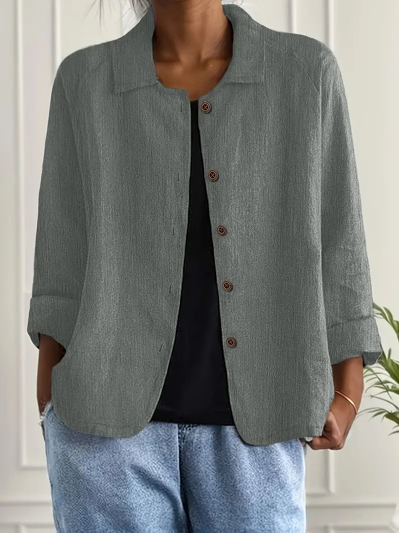 Women's Button-Down Shirt with Spread Collar and Three-Quarter Sleeves