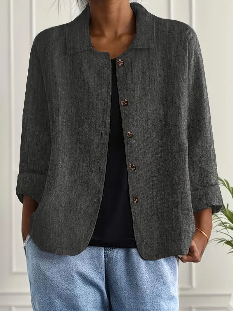 Women's Button-Down Shirt with Spread Collar and Three-Quarter Sleeves