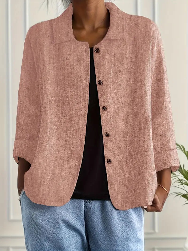 Women's Button-Down Shirt with Spread Collar and Three-Quarter Sleeves