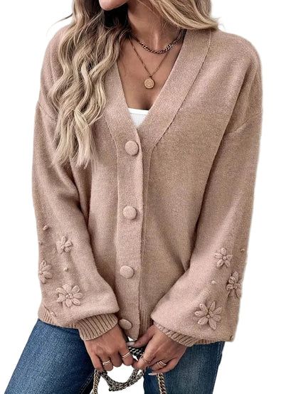 Women's Button-Front Cardigan with Embroidered Sleeves