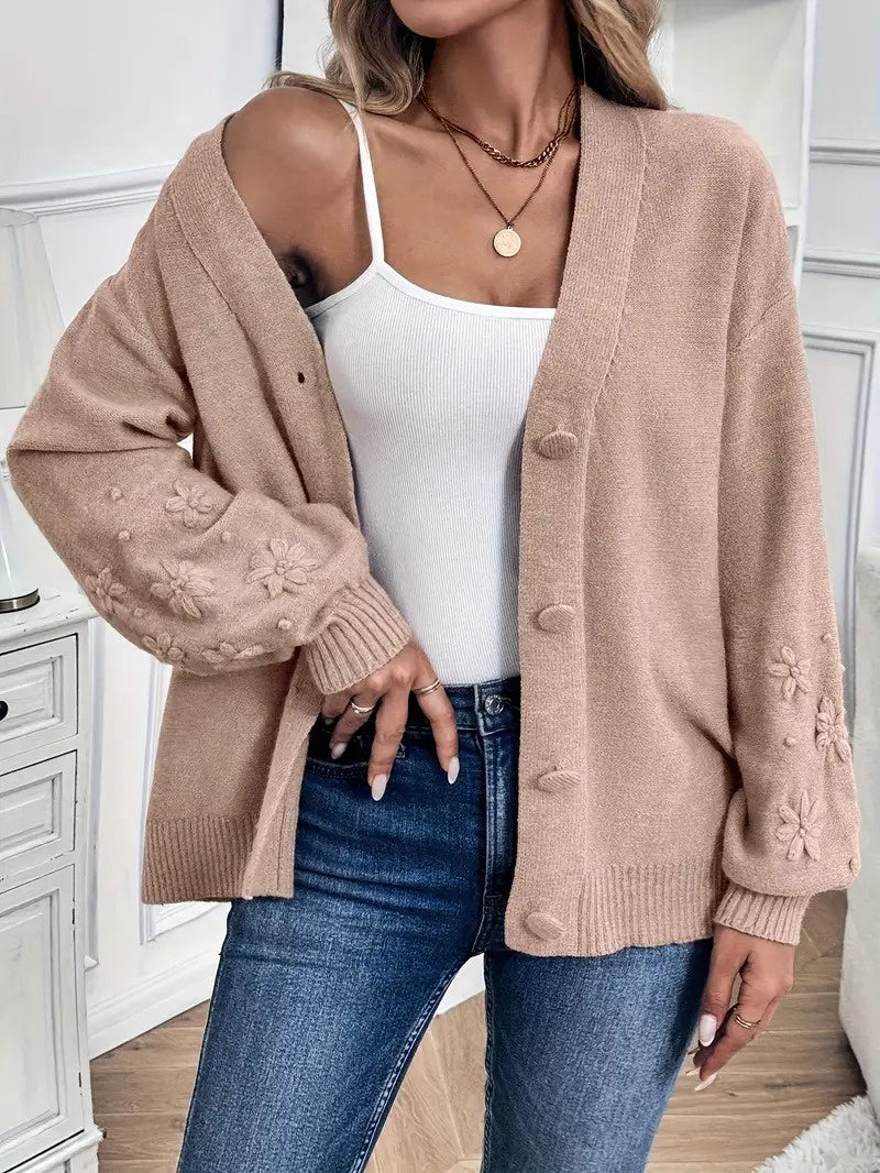 Women's Button-Front Cardigan with Embroidered Sleeves