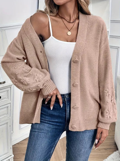 Women's Button-Front Cardigan with Embroidered Sleeves